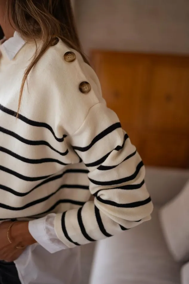 Women039s Clothing Sweaters Easy Clothes Ecru And Black Striped Manou Sweater Women039s Clothing Sweaters Easy Clothes Ecru And Black Striped Manou Sweater