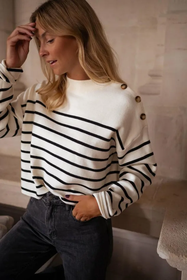 Women039s Clothing Sweaters Easy Clothes Ecru And Black Striped Manou Sweater Women039s Clothing Sweaters Easy Clothes Ecru And Black Striped Manou Sweater