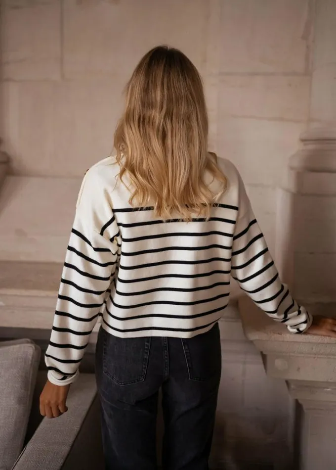 Women039s Clothing Sweaters Easy Clothes Ecru And Black Striped Manou Sweater Women039s Clothing Sweaters Easy Clothes Ecru And Black Striped Manou Sweater