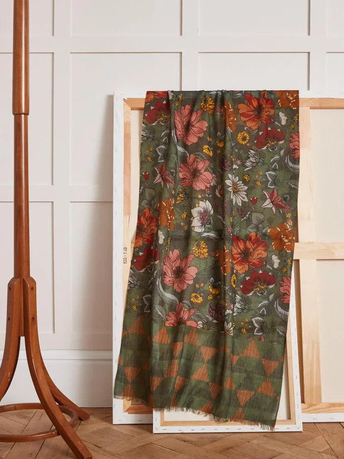 Women Accessories Cyrillus Floral Print Wool Muslin Scarf Imp Fleurs Agra