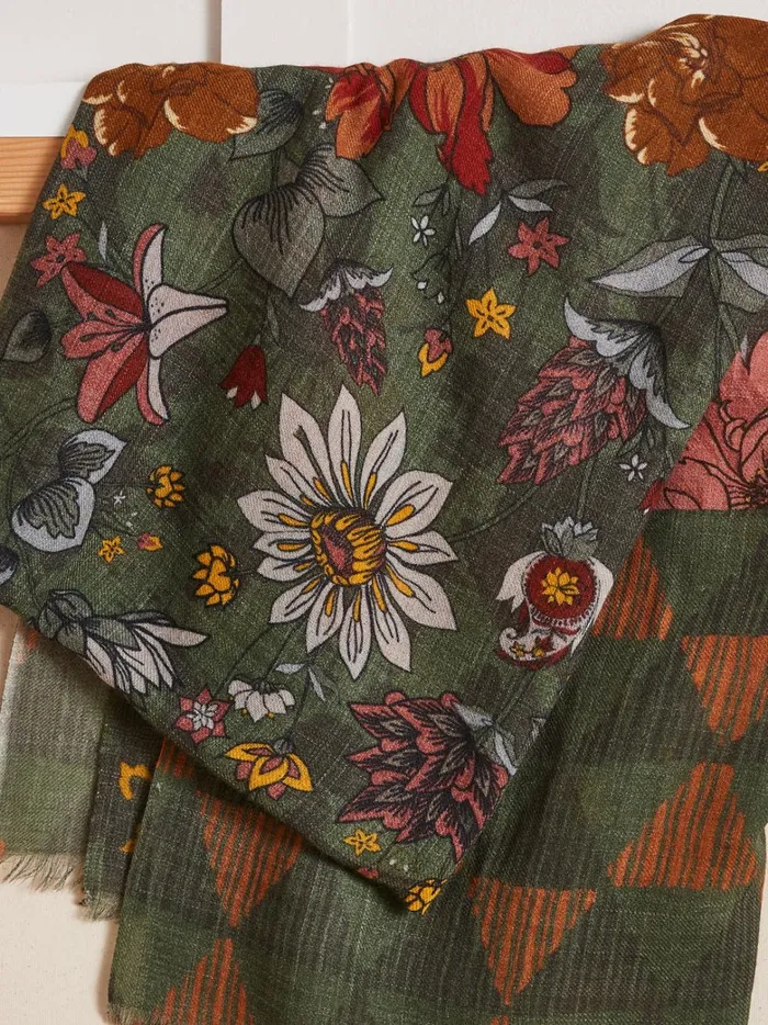 Women Accessories Cyrillus Floral Print Wool Muslin Scarf Imp Fleurs Agra