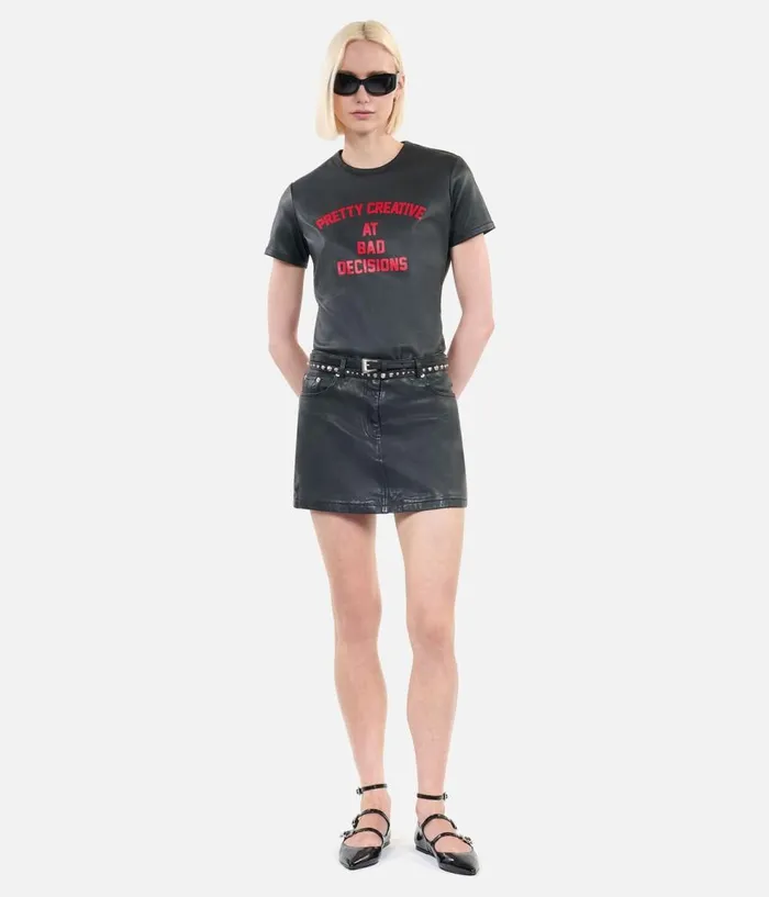 Women Blouses and Shirts THE KOOPLES Black Leather Pretty Creative Serigraphy Tshirt