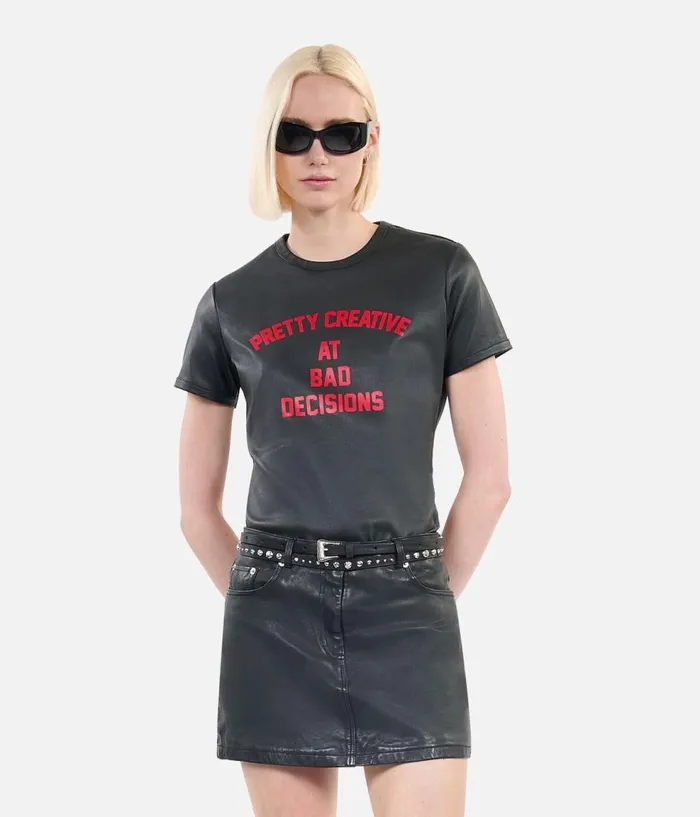 Women Blouses and Shirts THE KOOPLES Black Leather Pretty Creative Serigraphy Tshirt