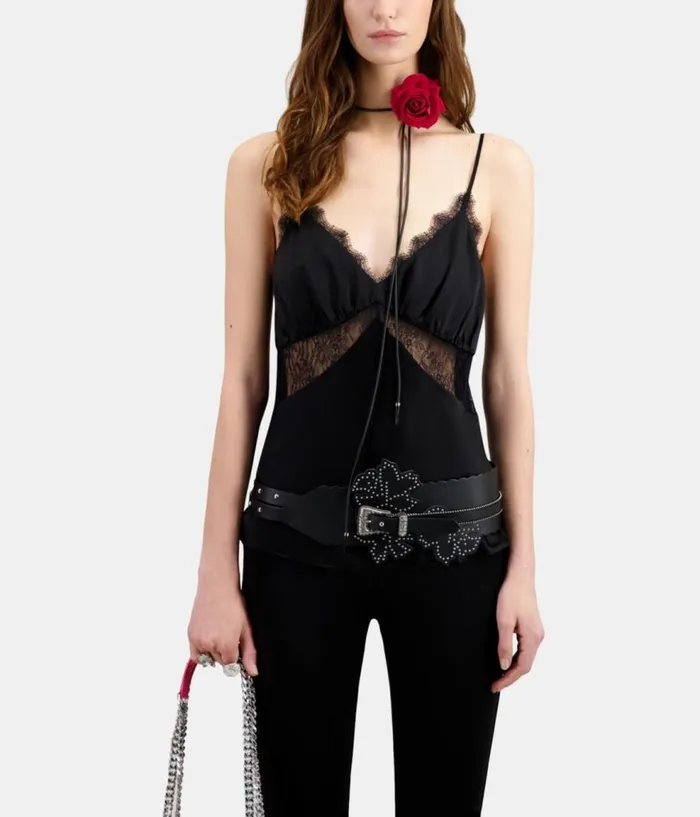 Women Blouses and Shirts THE KOOPLES Black Silk Camisole With Lace