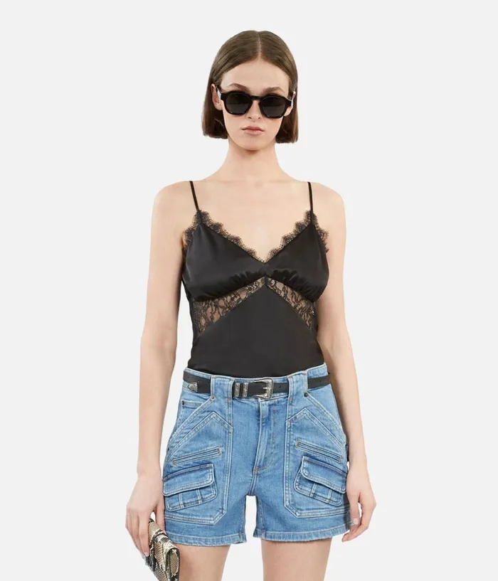 Women Blouses and Shirts THE KOOPLES Black Silk Camisole With Lace
