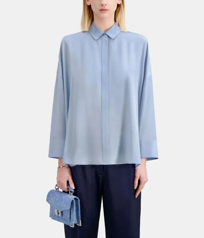 Women Blouses and Shirts THE KOOPLES Loose Blue Shirt In Washed Silk Women Blouses and Shirts THE KOOPLES Loose Blue Shirt In Washed Silk