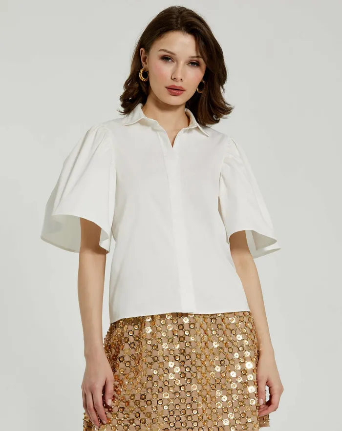 Women Blouses and Tops Mac Duggal Cotton Flare Ruffle Sleeve Button Up Top 8211 FINAL SALE White Women Blouses and Tops Mac Duggal Cotton Flare Ruffle Sleeve Button Up Top 8211 FINAL SALE White