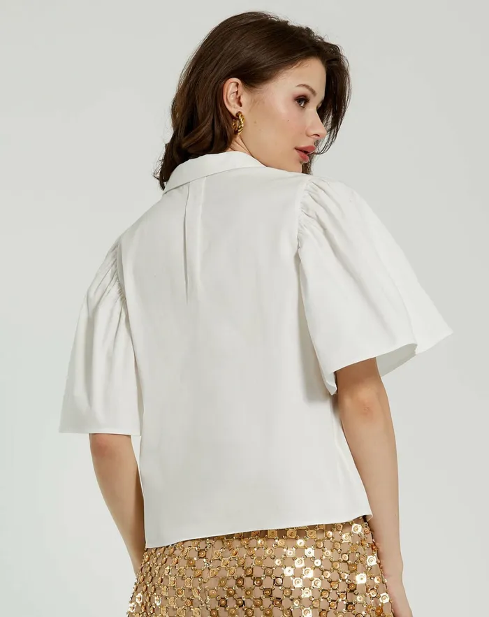 Women Blouses and Tops Mac Duggal Cotton Flare Ruffle Sleeve Button Up Top 8211 FINAL SALE White