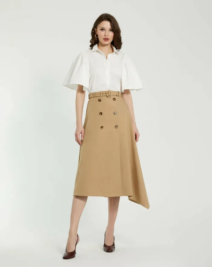 Women Blouses and Tops Mac Duggal Cotton Flare Ruffle Sleeve Button Up Top 8211 FINAL SALE White