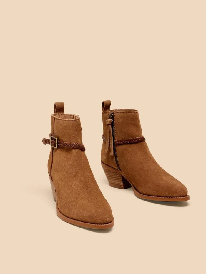 Women BOOTS White Stuff Peony Suede Plait Strap Boot Mid Tan