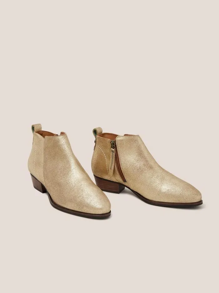 Women BOOTS White Stuff Willow Leather Boot Gold Tone Metallic