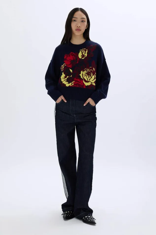 Women Boxy Roundneck Sweater Navy Blue Sonia Rykiel Sweaters