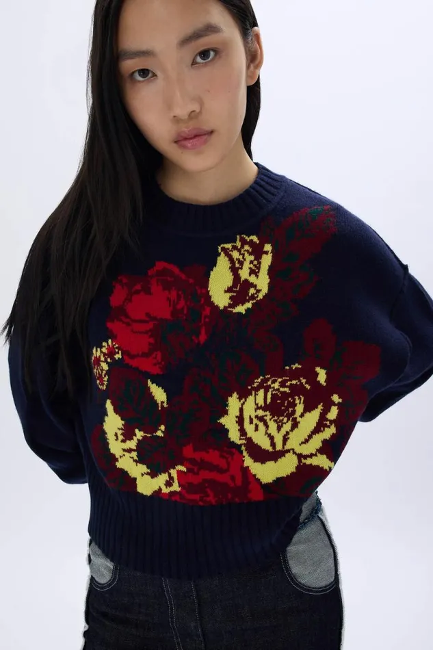 Women Boxy Roundneck Sweater Navy Blue Sonia Rykiel Sweaters