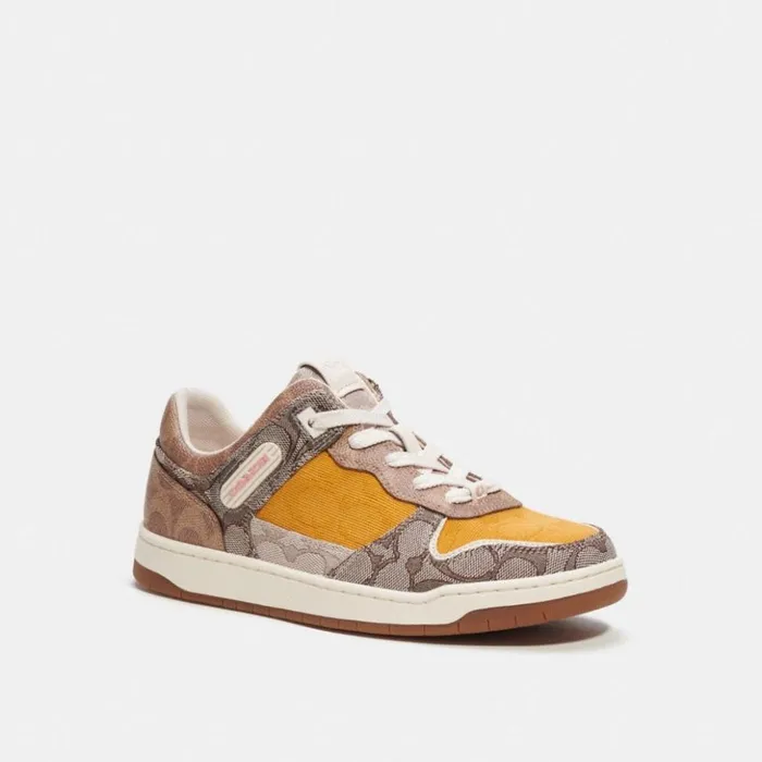 Women C201 Low Top Sneaker In Mixed Signature Fabric Buttercuptan Coach Sneakers