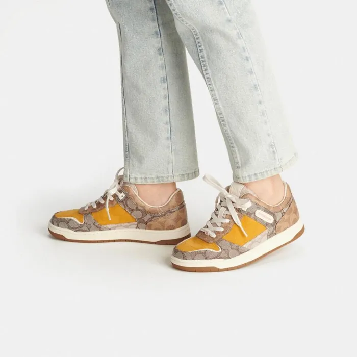 Women C201 Low Top Sneaker In Mixed Signature Fabric Buttercuptan Coach Sneakers Women C201 Low Top Sneaker In Mixed Signature Fabric Buttercuptan Coach Sneakers