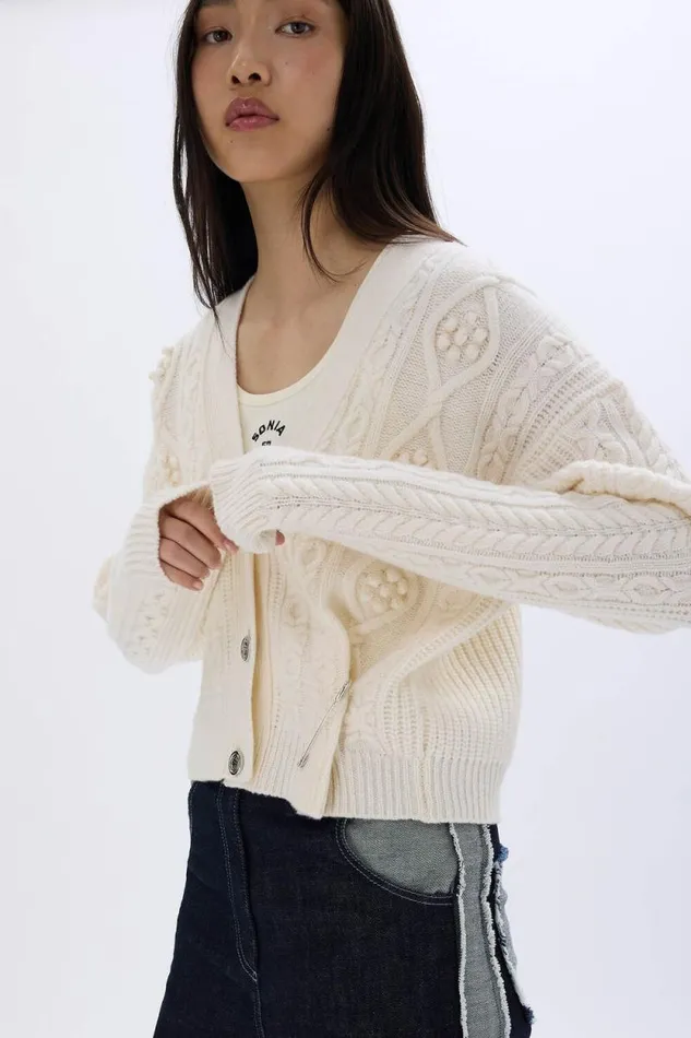 Women Cableknit Woolen Cardigan Ecru White Sonia Rykiel Cardigans