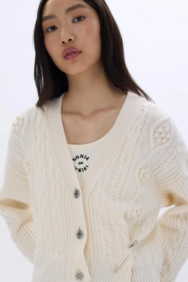 Women Cableknit Woolen Cardigan Ecru White Sonia Rykiel Cardigans