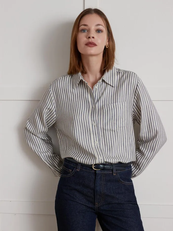 Women Clothing Cyrillus Flowing Stripe Shirt Rayure Bleuecru