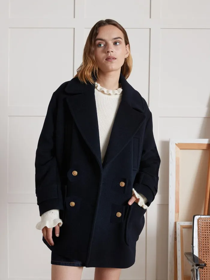 Women Clothing Cyrillus Plain Woolen Pea Coat Encre