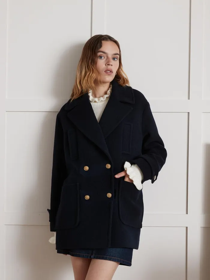 Women Clothing Cyrillus Plain Woolen Pea Coat Encre