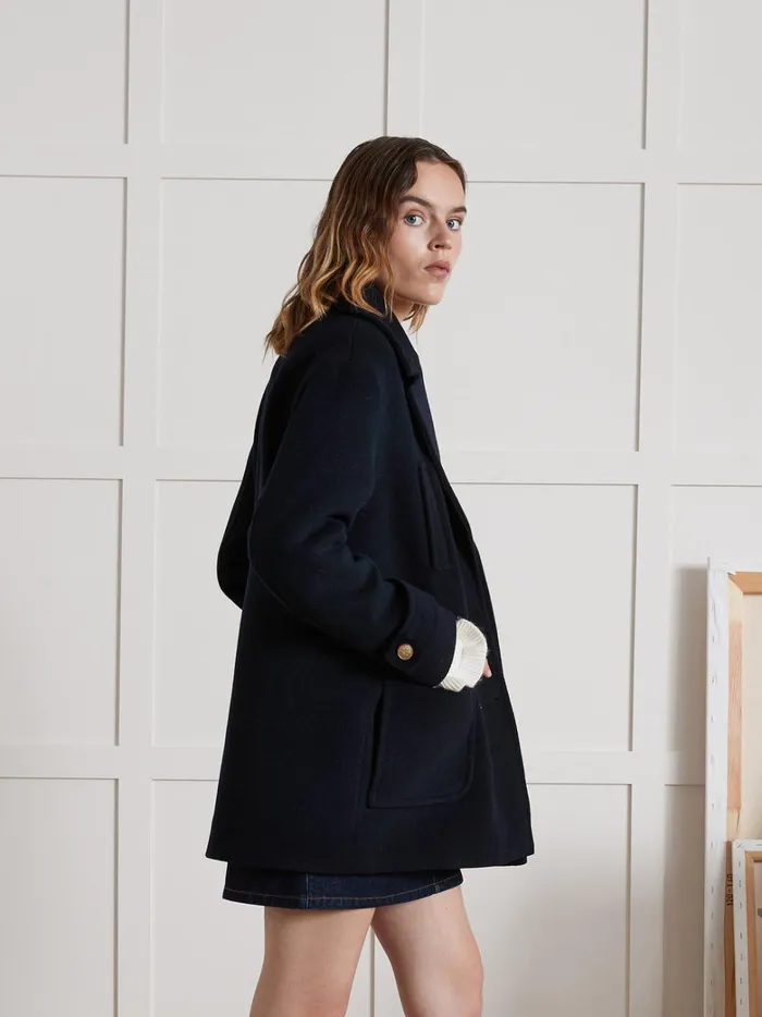 Women Clothing Cyrillus Plain Woolen Pea Coat Encre