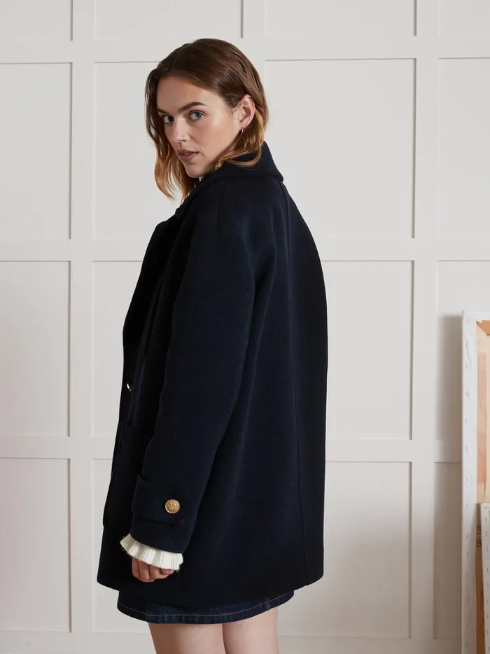 Women Clothing Cyrillus Plain Woolen Pea Coat Encre