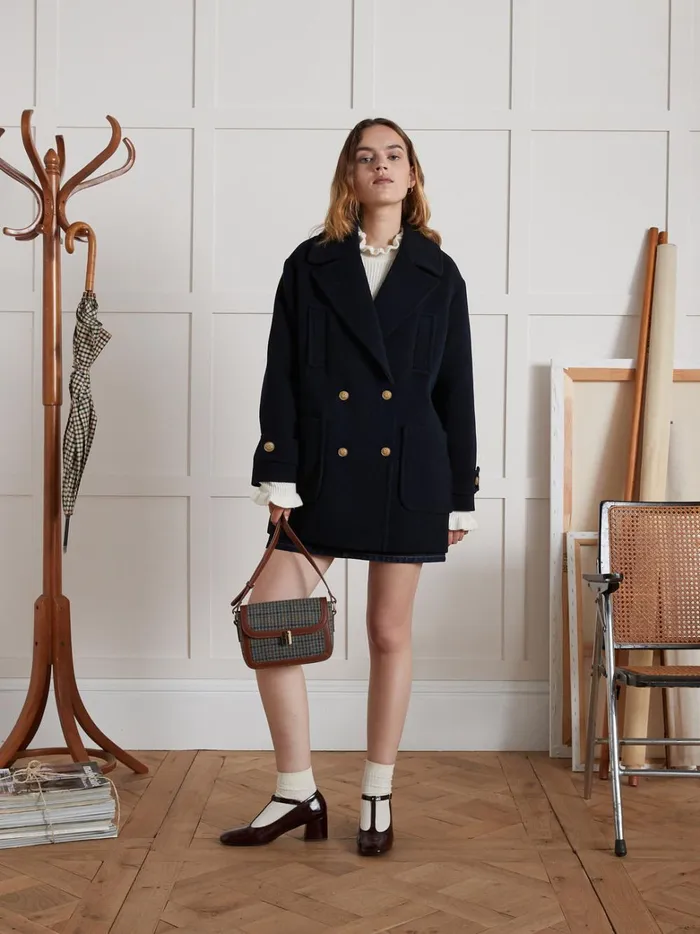 Women Clothing Cyrillus Plain Woolen Pea Coat Encre