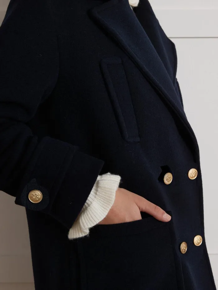 Women Clothing Cyrillus Plain Woolen Pea Coat Encre