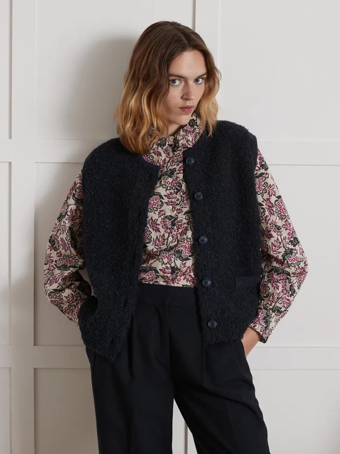 Women Clothing Cyrillus Sleeveless Boucl Knit Sweater Encre