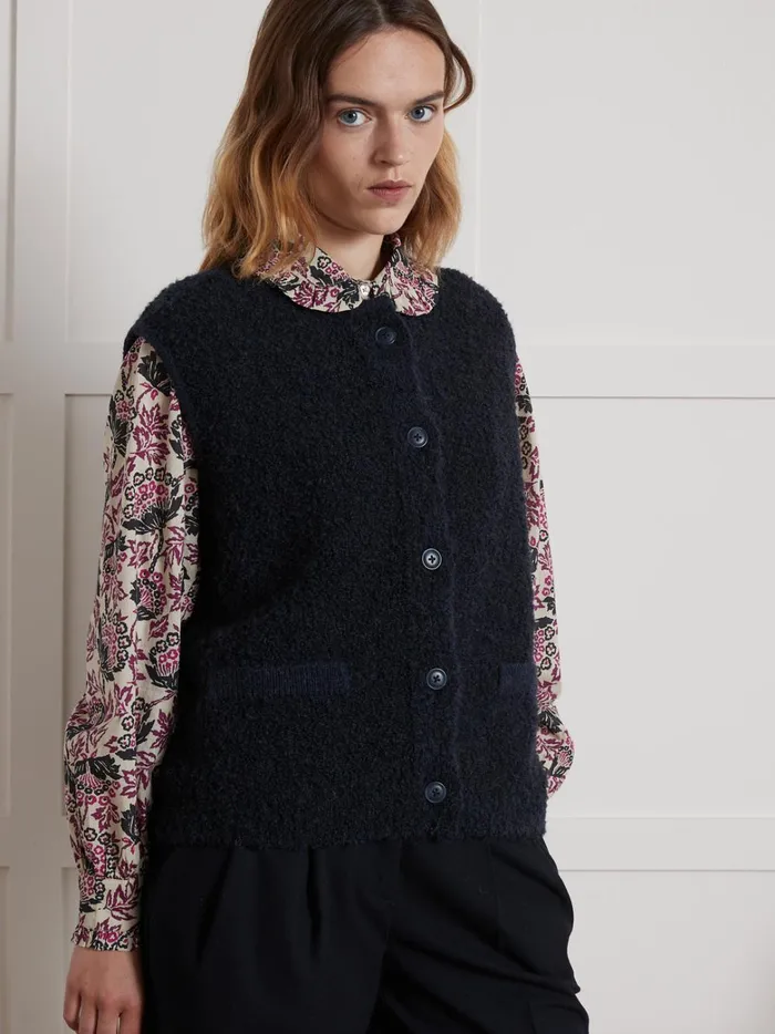 Women Clothing Cyrillus Sleeveless Boucl Knit Sweater Encre