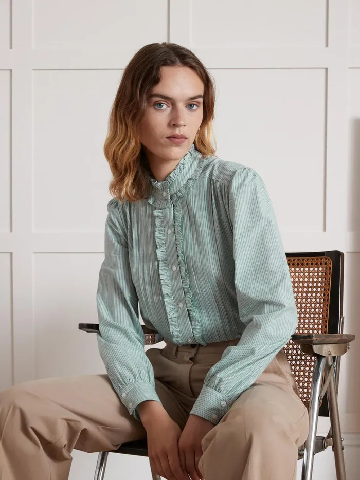 Women Clothing Cyrillus Striped Ruffled Shirt Rayure Verte