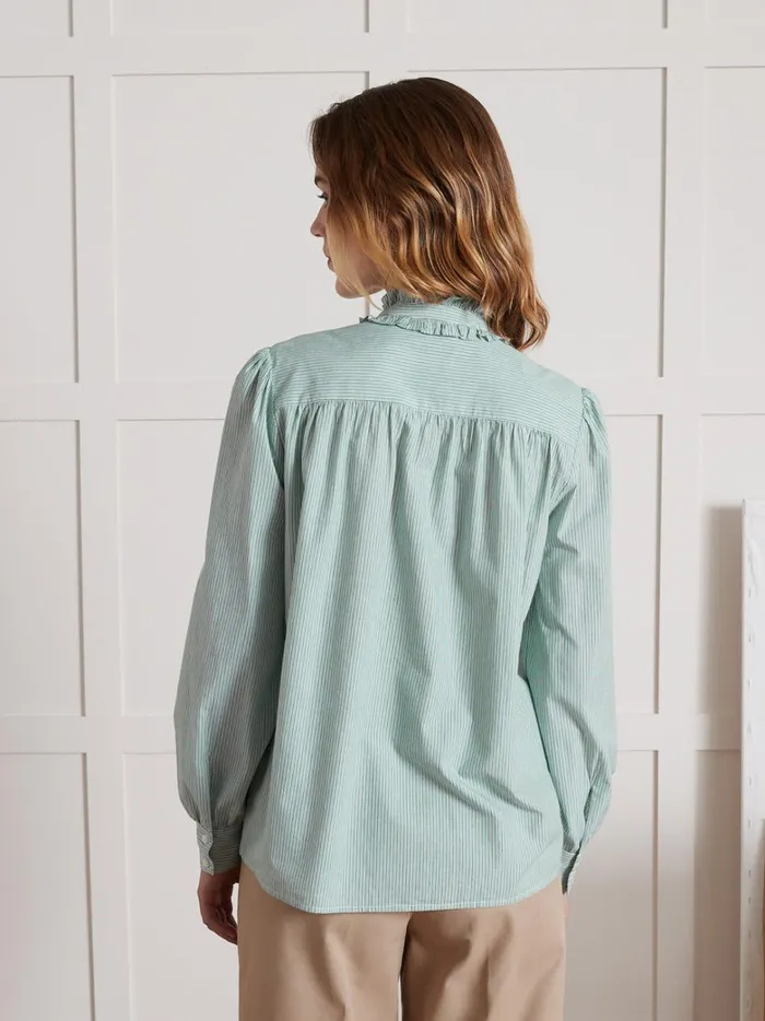 Women Clothing Cyrillus Striped Ruffled Shirt Rayure Verte