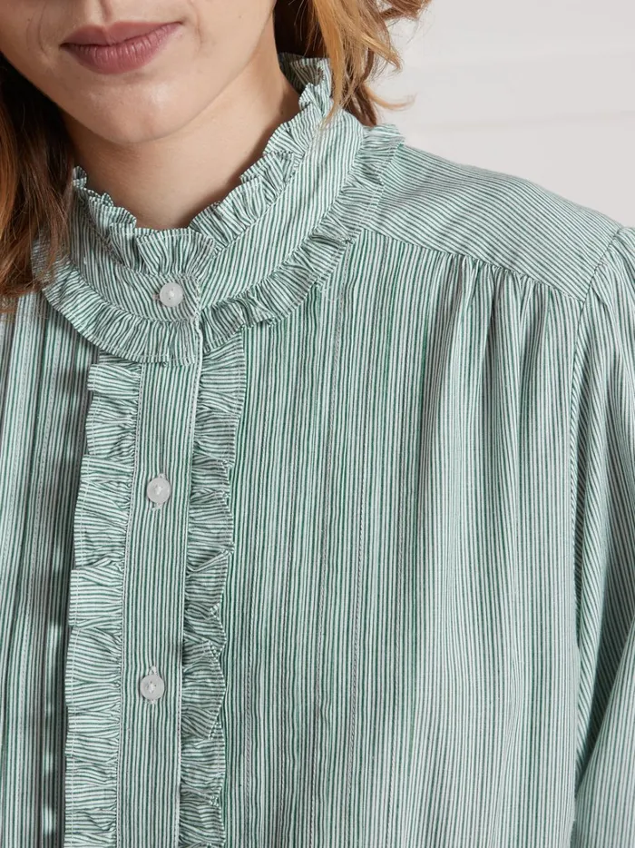 Women Clothing Cyrillus Striped Ruffled Shirt Rayure Verte