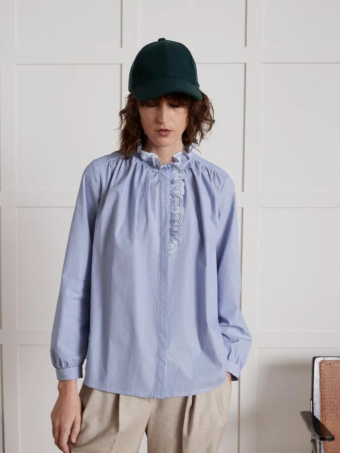 Women Clothing Cyrillus Striped Shirt With Embroidered Ruffled Collar Rayure Bleue