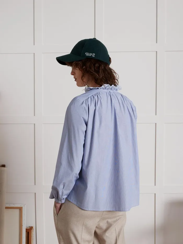 Women Clothing Cyrillus Striped Shirt With Embroidered Ruffled Collar Rayure Bleue