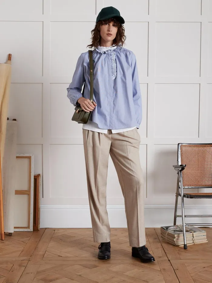 Women Clothing Cyrillus Striped Shirt With Embroidered Ruffled Collar Rayure Bleue