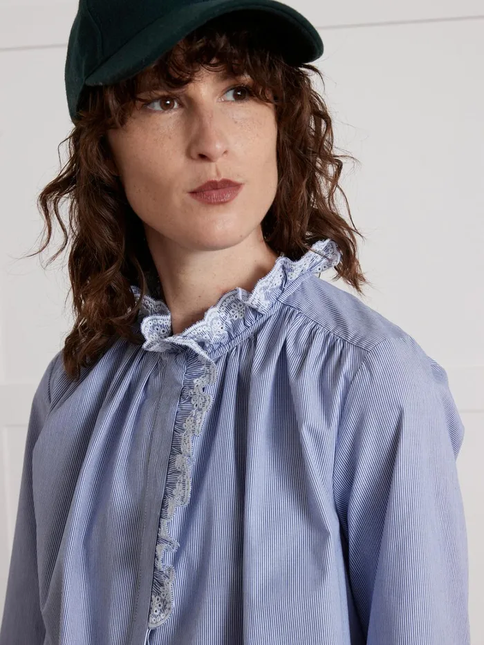 Women Clothing Cyrillus Striped Shirt With Embroidered Ruffled Collar Rayure Bleue