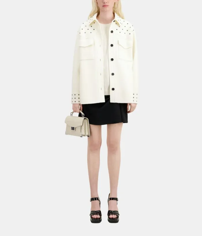 Women Coats and Jackets THE KOOPLES Ecru Woolblend Overshirtstyle Jacket With Studs