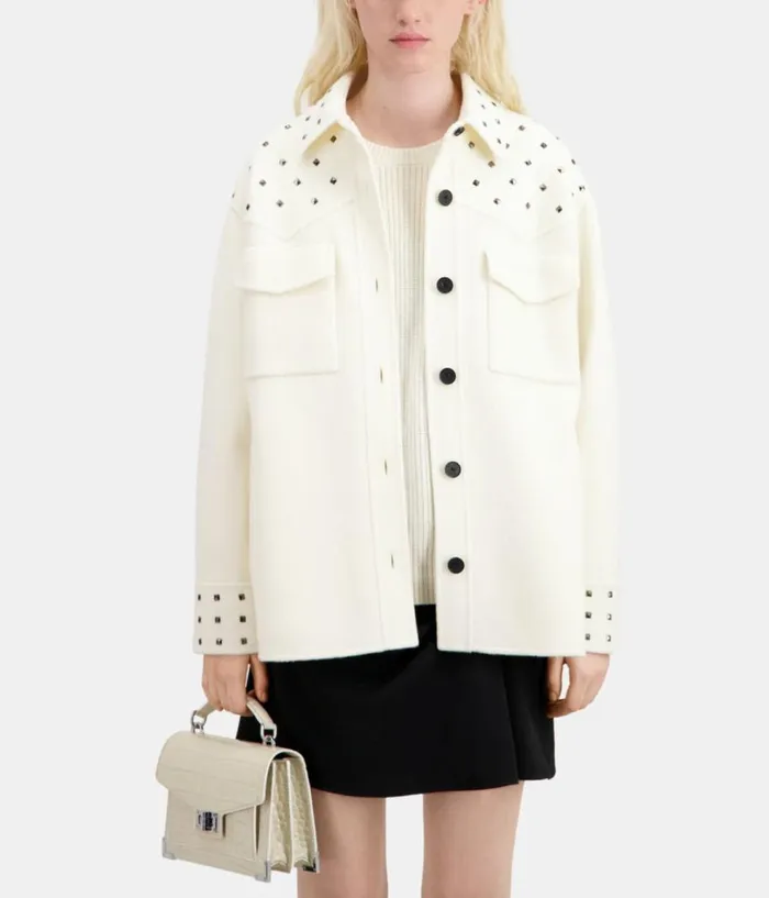 Women Coats and Jackets THE KOOPLES Ecru Woolblend Overshirtstyle Jacket With Studs