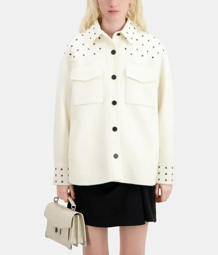 Women Coats and Jackets THE KOOPLES Ecru Woolblend Overshirtstyle Jacket With Studs
