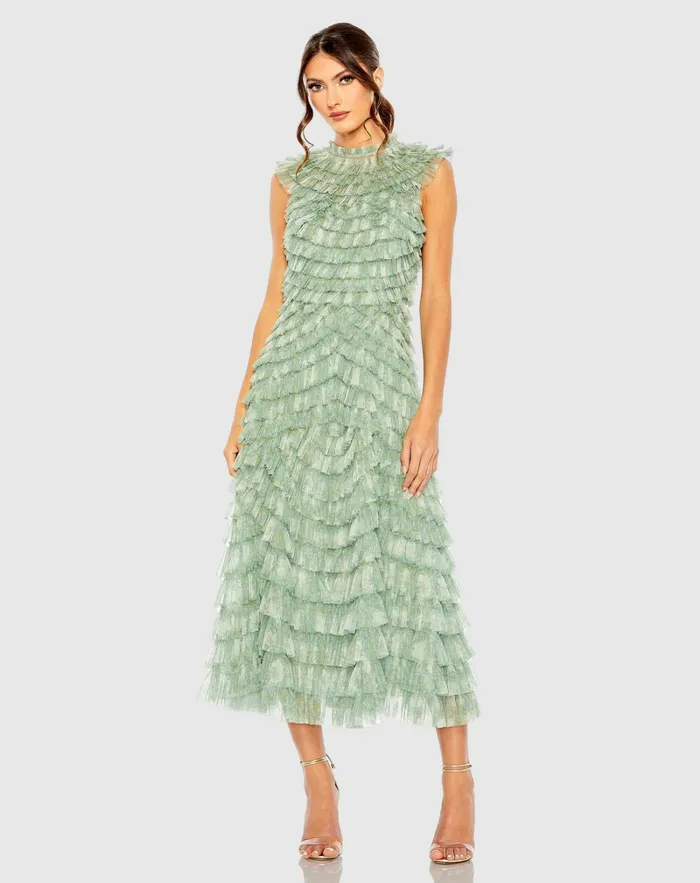 Women Cocktail Dresses Mac Duggal Green High Neck Micro Ruffle Dress Green Multi