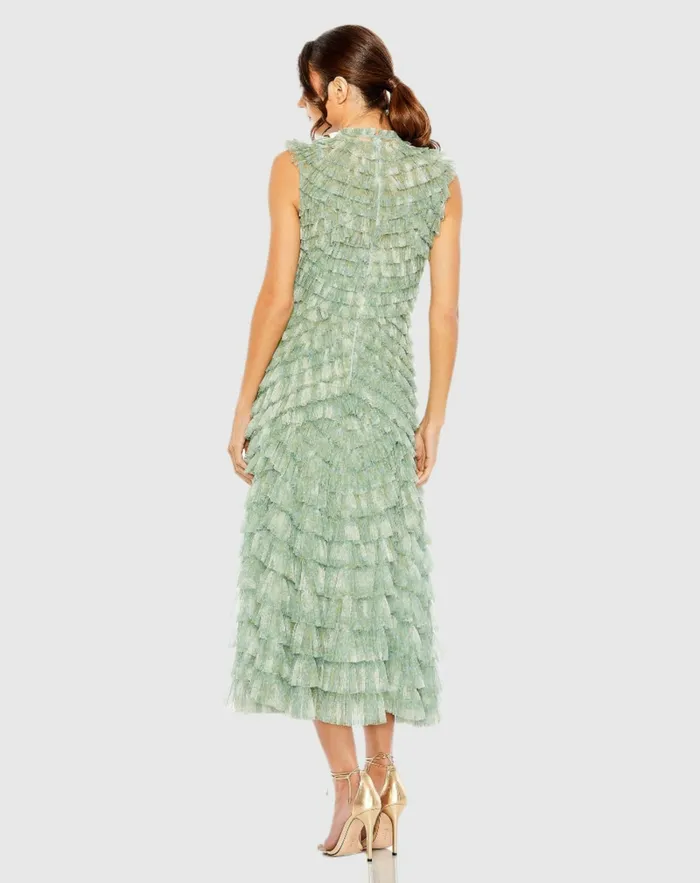 Women Cocktail Dresses Mac Duggal Green High Neck Micro Ruffle Dress Green Multi