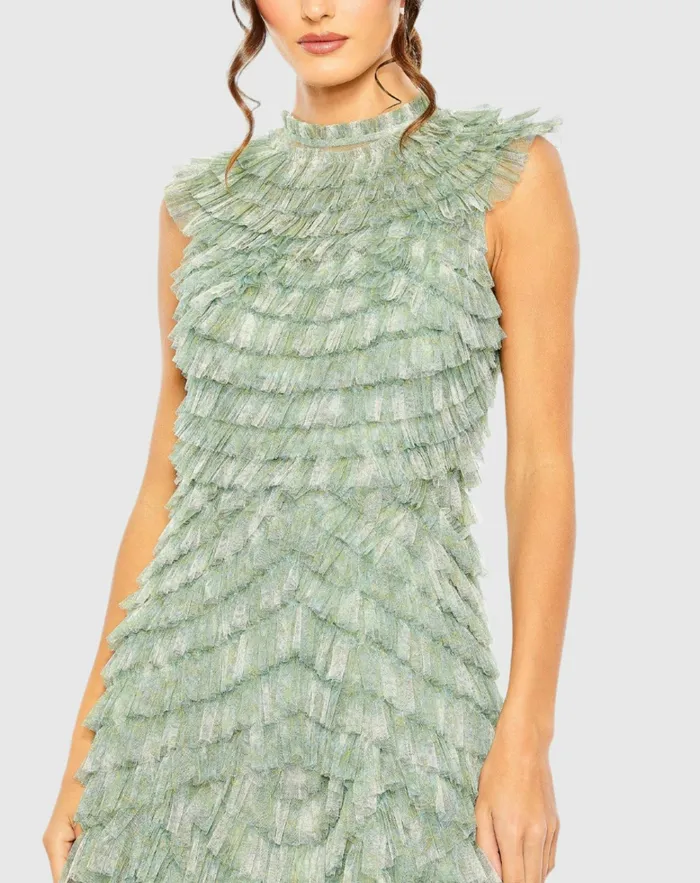 Women Cocktail Dresses Mac Duggal Green High Neck Micro Ruffle Dress Green Multi