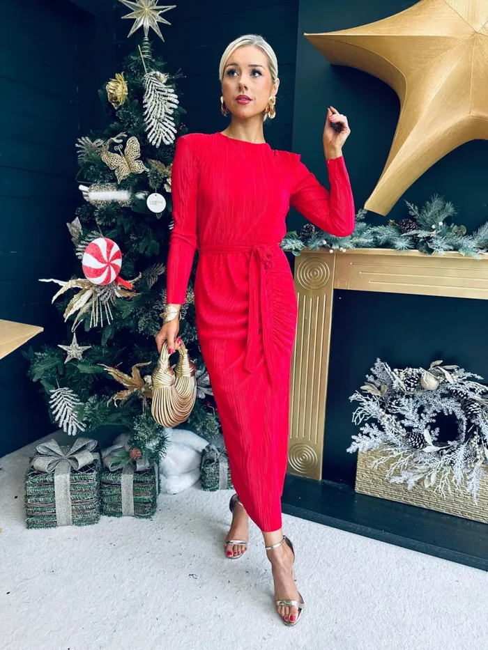 Women Day Dress Canella Lane Elena Plisse Ruched Long Sleeve Midi Dress Red
