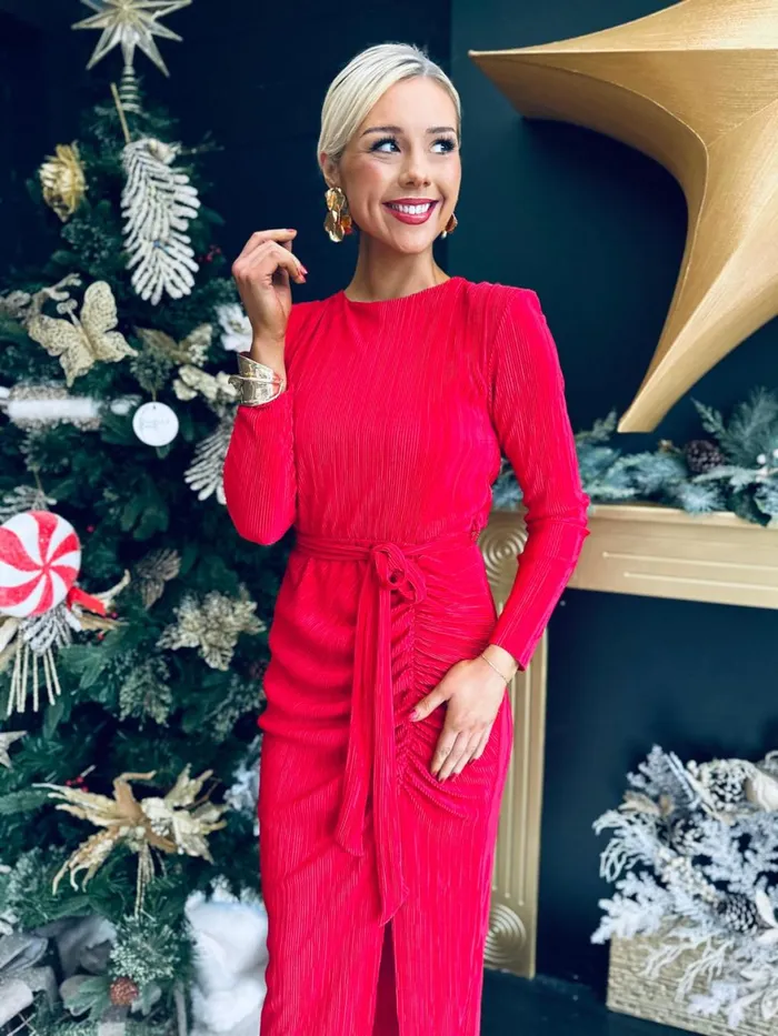 Women Day Dress Canella Lane Elena Plisse Ruched Long Sleeve Midi Dress Red