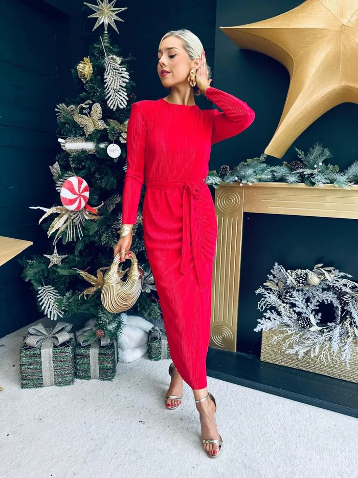 Women Day Dress Canella Lane Elena Plisse Ruched Long Sleeve Midi Dress Red
