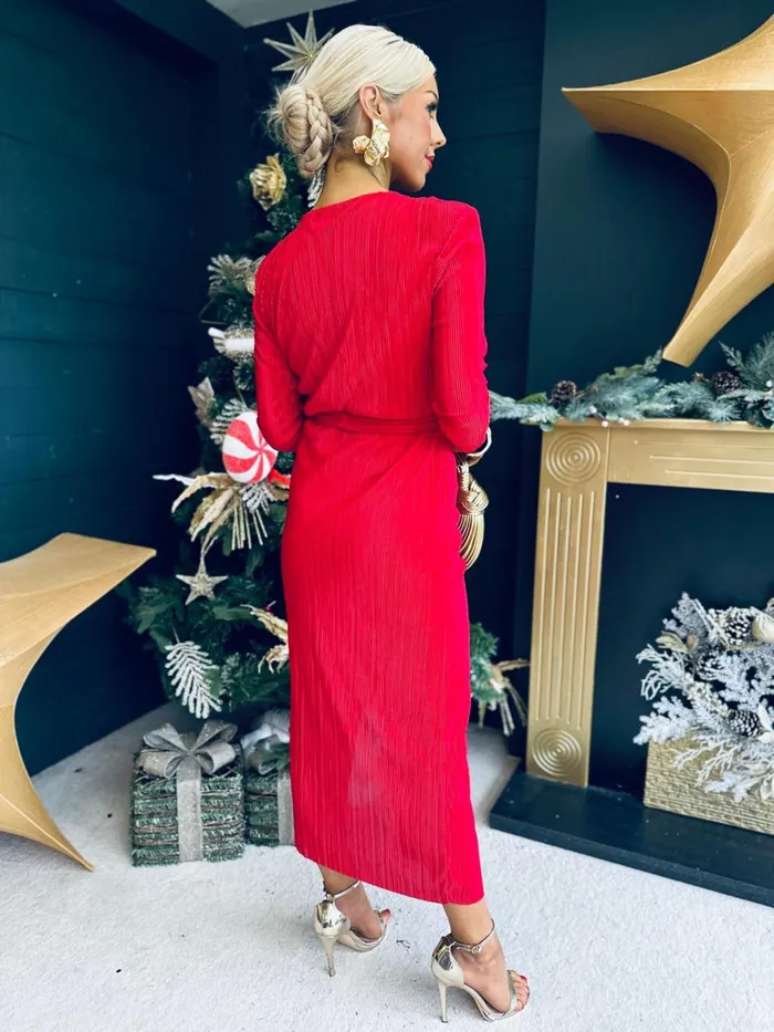 Women Day Dress Canella Lane Elena Plisse Ruched Long Sleeve Midi Dress Red