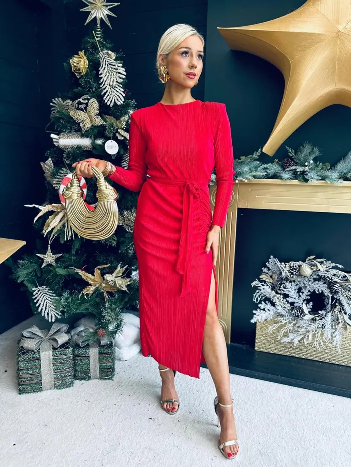 Women Day Dress Canella Lane Elena Plisse Ruched Long Sleeve Midi Dress Red
