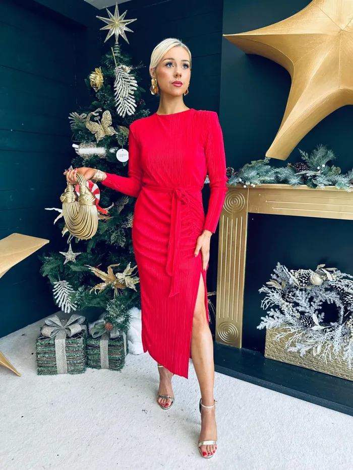 Women Day Dress Canella Lane Elena Plisse Ruched Long Sleeve Midi Dress Red