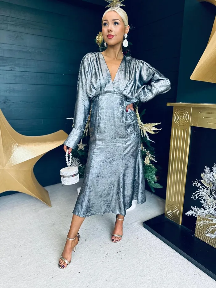 Women Day Dress Canella Lane Evana Batwing Metallic Midi Dress Silver